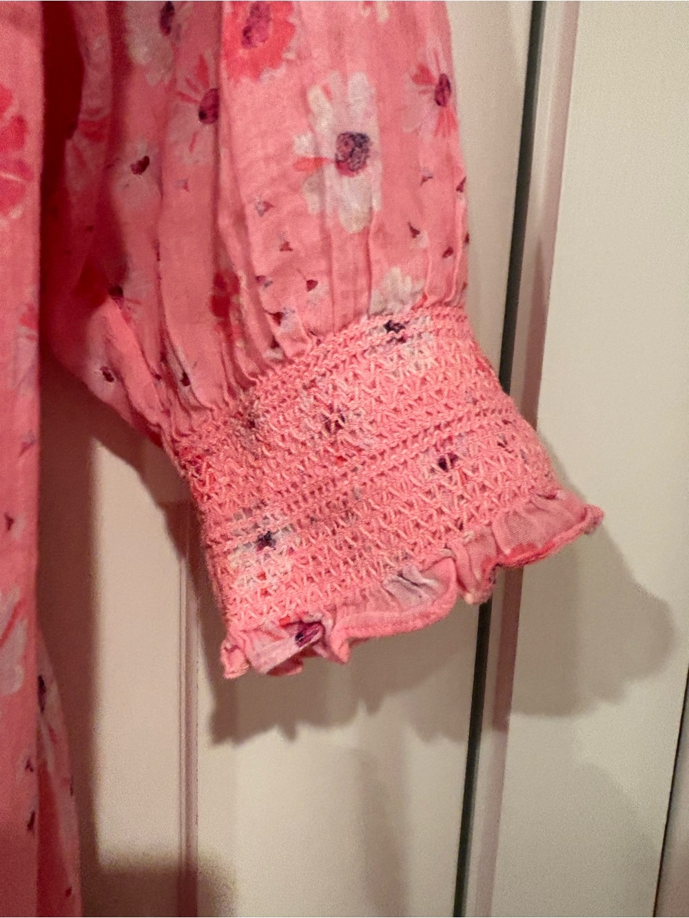 LoveShackFancy Miri Dress Coral Blaze Pink Floral Smocked Ruffled Hem Womens XL - Picture 10 of 16
